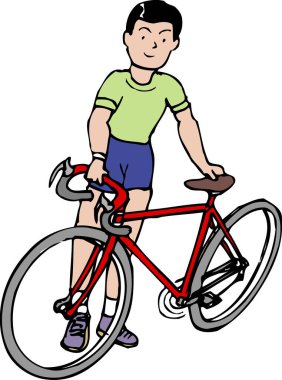 Beyaz arka planda bisikleti olan genç adamın çizgi film çizimi