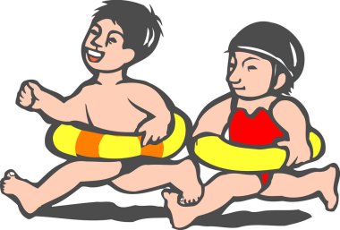 Yüzme yüzükleriyle koşan iki gülen çocuk