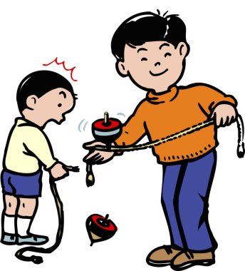 Küçük bir çocuğa dönen bir bluzla nasıl oynanacağını öğreten büyük bir çocuğun stilize edilmiş bir çizimi..