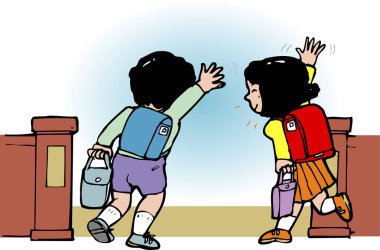 İki çocuk okuldan çıkarken el sallıyor.