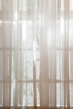 Penceresinden güneş ışığı geçen beyaz perdeler 