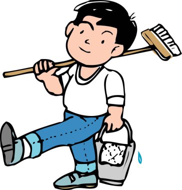 Süpürge ve kova taşıyan gülümseyen çocuk