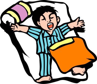 Beyaz arka planda yatakta uyuyan bir çocuk. 