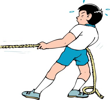 Halat çeken adam beyaz üzerine izole edilmiş çizgi film karakteri. 