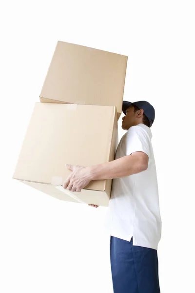 Delivery Man Cardboard Boxes White Background — Stock Photo, Image