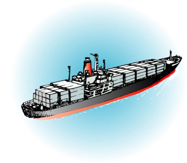 Denizde konteynırları olan kargo gemisinin çizimi 