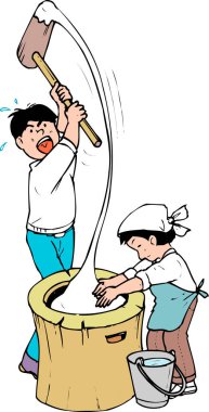 Geleneksel Japon mochi 'si yapan iki kişi.