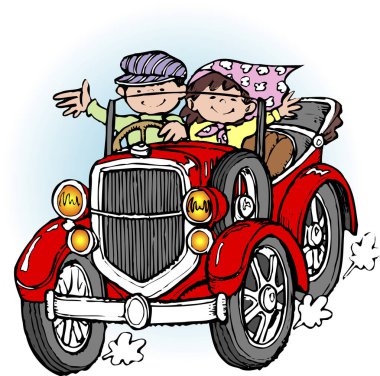 Retro-Cabriolet 'te birbirini seven çiftin renkli çizimleri. 