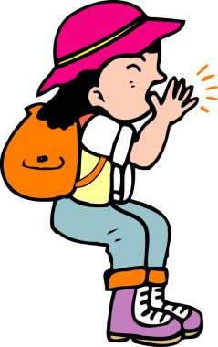 Beyaz arka planda sırt çantalı bir kızın çizgi film çizimi. 