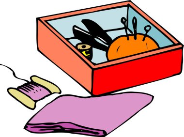 Bir kumaş parçasının yanında makas, iğne ve iplikle açık bir dikiş setinin grafik çizimi..