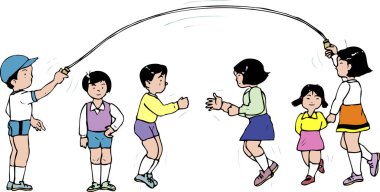 Çocuklar birlikte dışarıda ip atlama oyunu oynuyorlar.