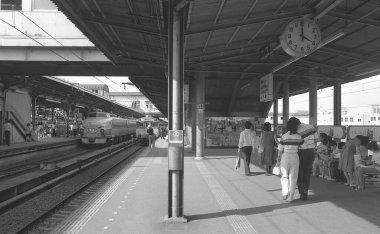 İstasyondaki bir trenin siyah beyaz fotoğrafı.