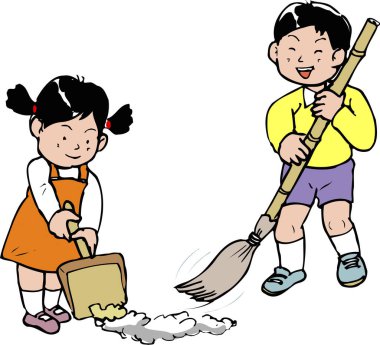 Gülümseyen çocuklar süpürge ve faraş kullanarak tozları süpürüyor.