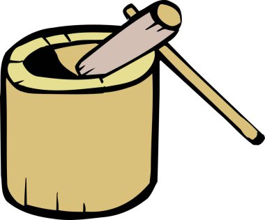 Geleneksel ahşap bir havan topu ve mochi pilavı için bir Japon sanat çizimi..