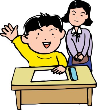 Masada otururken el sallayan gülümseyen çocuk.