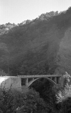 Dağlardaki köprünün siyah beyaz manzarası 