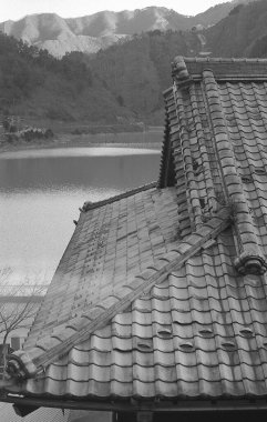 Sakin suya ve uzak dağlara bakan çatı kiremitleri