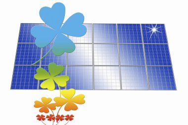 Yeşil yonca yaprakları, eko ve yeşil enerji kavramına sahip güneş panelleri