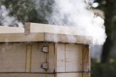 Arıcılık sırasında duman çıkaran ahşap arı kovanı.