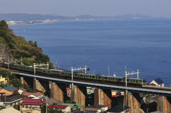 Tren Moderno Moviéndose Través Ciudad Japonesa Durante Día —  Fotos de Stock