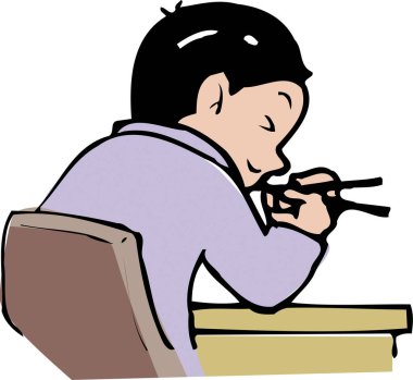 Gülümseyen bir insan masaya eğilir ve yemek çubuklarıyla yemek yer..