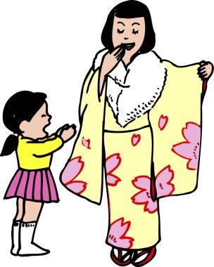 Sarı kimonolu, kiraz çiçekli bir kadın ve pembe etekli küçük bir çocuk Japon festivalini resmediyor..