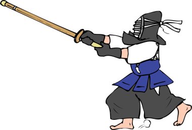 Tam teçhizatlı bir erkek kendo atleti bambu kılıcıyla ileri atlıyor, Japon dövüş sanatını gösteriyor..