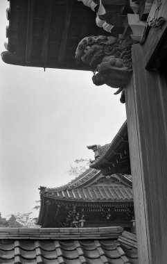 Geleneksel eski Japon mimarisinin siyah beyaz fotoğrafı