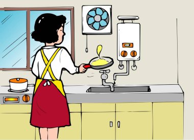 Modern mutfak tezgahında krep pişiren kadın.