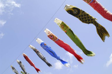 Japon koinobori ya da sazan balıklarının açık hava görüntüsü.                