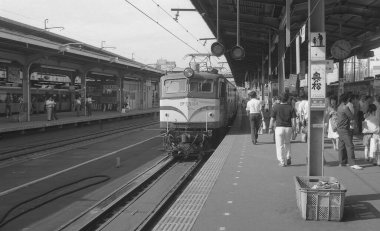 Yolcu treninin insanlarla dolu olduğu bir kamu istasyonunun siyah beyaz görüntüsü 
