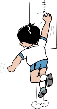 Atletik giyinen genç bir çocuk duvarda boyunu göstermek için atlıyor. Beden eğitimi aktivitesini gösteriyor..