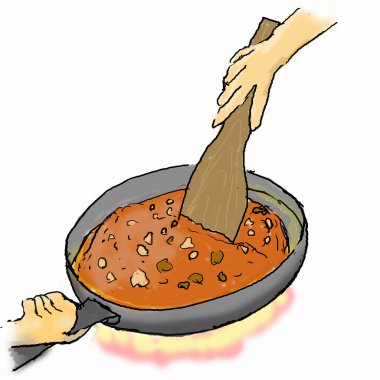 Isıtılmış tavada domates sosu karıştırmak.