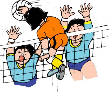 voleybol oyuncularının hareket halindeki karikatür çizimi