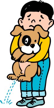 Oğlanın köpeğe sarılışının renkli bir çizimi.