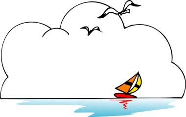 Gökyüzünde bulutlar olan bir teknenin karikatürü.