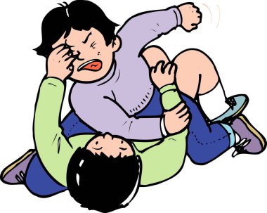 Beyaz arka planda kavga eden çizgi film çocukları. 