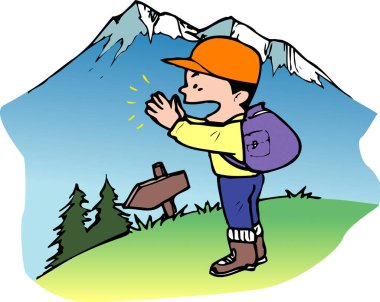 Erkek turist yürüyüşü erkek karikatür çizimi