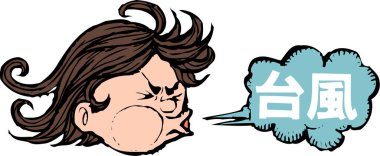 Kabarık yanaklı ve dağınık saçlı bir erkek yüzü, Japon metniyle bir konuşma baloncuğuna hava üflüyor, bir tayfunu gösteriyor..