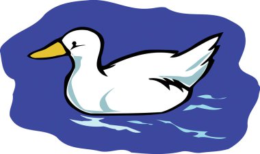 Mavi suda yüzen beyaz ördeğin karikatür çizimi 