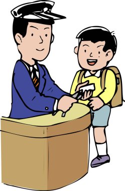 Pasaportu üniformalı memura gülümseyen bir çocuk.