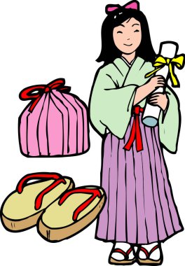 Geleneksel giyinmiş Japon kadın, beyaz arka planda izole edilmiş renkli çizimler.