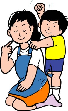 Gülümseyen çocuk, neşeli kadına omuz masajı yapıyor.