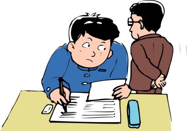 Beyaz arkaplanda izole edilmiş renkli illüstrasyon belgeleri dolduran kişi