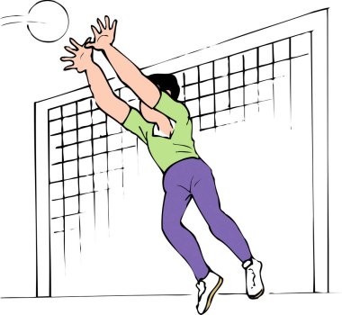 Voleybol oynayan genç adamın karikatür görüntüsü