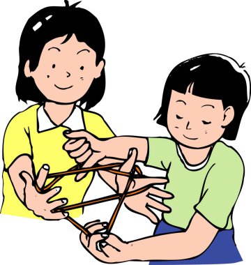 İki gülümseyen kız birlikte ip oyunu oynuyorlar.