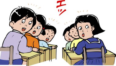 Dört şaşkın çocuk sınıf sıralarında oturuyor.