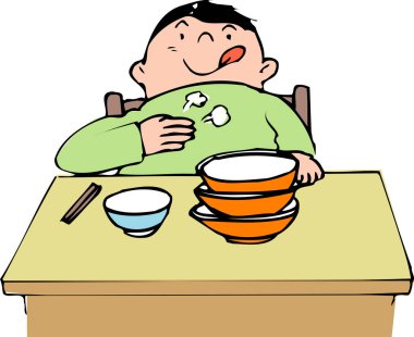 Masada büyük bir yemek yiyen şişman bir çocuk. 