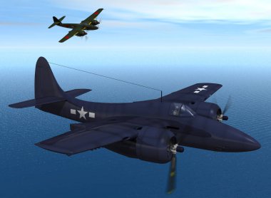 Eski askeri uçakların mavi gökyüzü arkaplanının 3D çizimi 