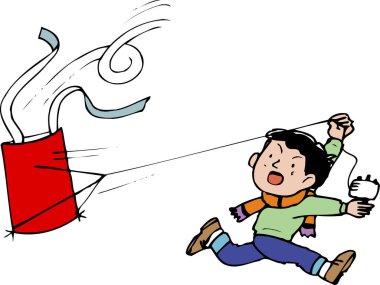 Genç bir çocuk açık havada renkli uçurtma uçururken koşuyor